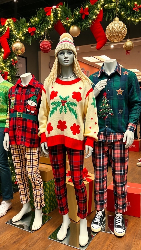 90s Vintage Christmas Aesthetic Outfit Ideas A display of 90s vintage Christmas outfits featuring oversized sweaters, flannel shirts, and festive accessories.